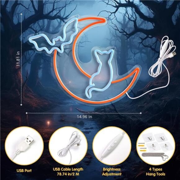 Halloween Neon Sign Wall Decor - Moon&Bat&Cat Themed Halloween LED Lights - Picture 3 of 7